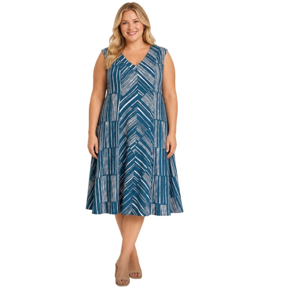Calvin Klein Geometric Print Scuba A Line V Neck Dress Teal White Midi Size 14